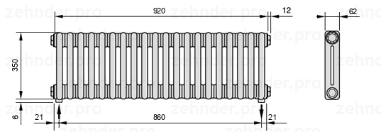 Схема (чертеж) Радиатор Zehnder Charleston 2035/20 №3570 Белый глянцевый RAL 9016